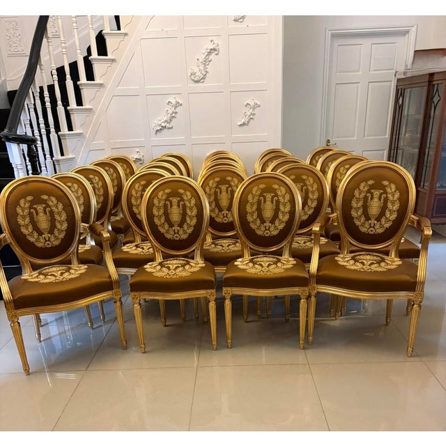 Large Vintage Louis XVI Style Giltwood Dining Chairs with Silk Damask Upholstery, 1940, Set of 42 For Sale - Image 3 of 18