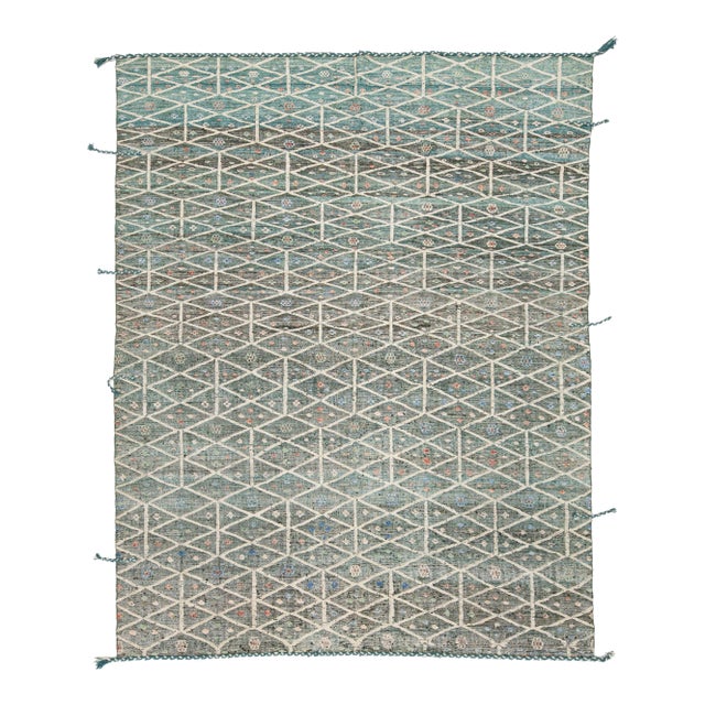 Modern Moroccan Style Geometric Rug – Hand-Knotted Teal & Charcoal Wool 9x12 For Sale