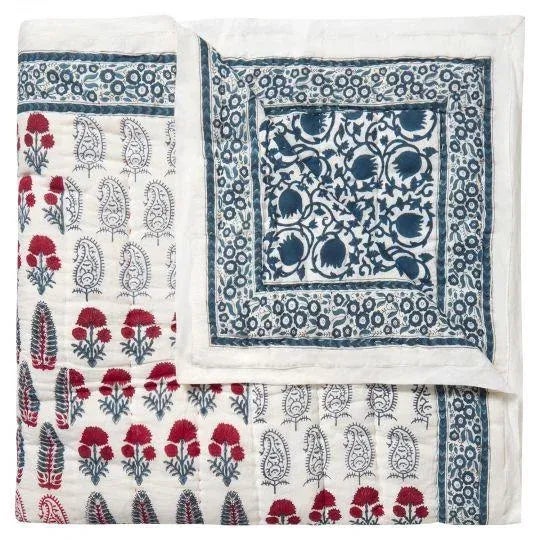 2020s Checkerboard-Lotus King Blue & Red Reversible Quilt For Sale - Image 5 of 6