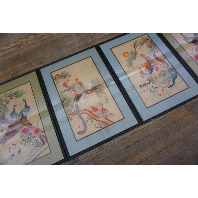 Wonderful Ivory Color With Floral Design Antique Set of Silk Embroidery of Peacock & Phoenix For Sale - Image 13 of 15