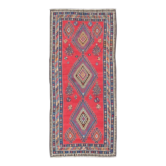 Antique Qashqai Kilim Gallery Rug With Geometric Diamond Design For Sale
