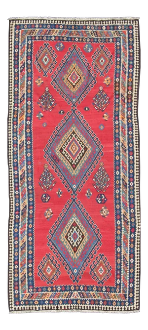 Antique Qashqai Kilim Gallery Rug With Geometric Diamond Design