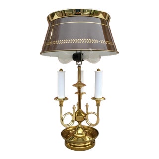 Vintage French Empire Brass Bouillotte Lamp Having Large Toleware Shade For Sale
