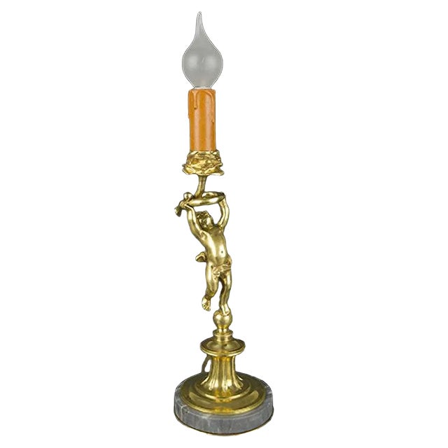 Bronze and Marble Cherub Table Lamp, 1920s For Sale
