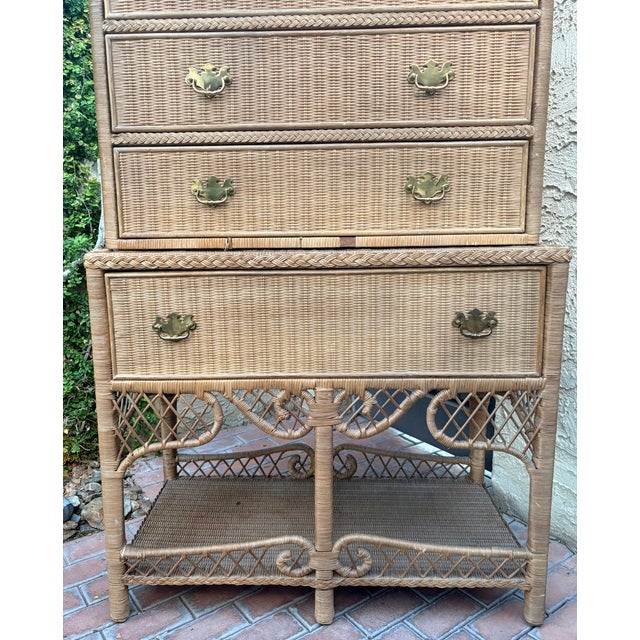 Wood Late 20th Century Ralph Lauren Safari Wicker Two Part Highboy or High Chest For Sale - Image 7 of 15