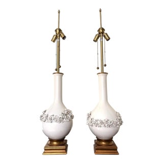 Pair of 1960s Tall White Italian Porcelain Floral Lamps by Marbro For Sale
