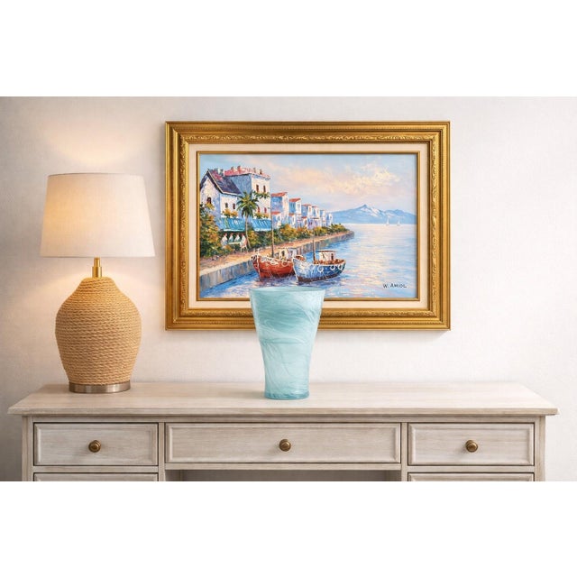 Glass Hand-Blown Aqua Swirl Art Glass Vase – Heavy Studio Glass, Organic Modern Coastal Decor For Sale - Image 7 of 9