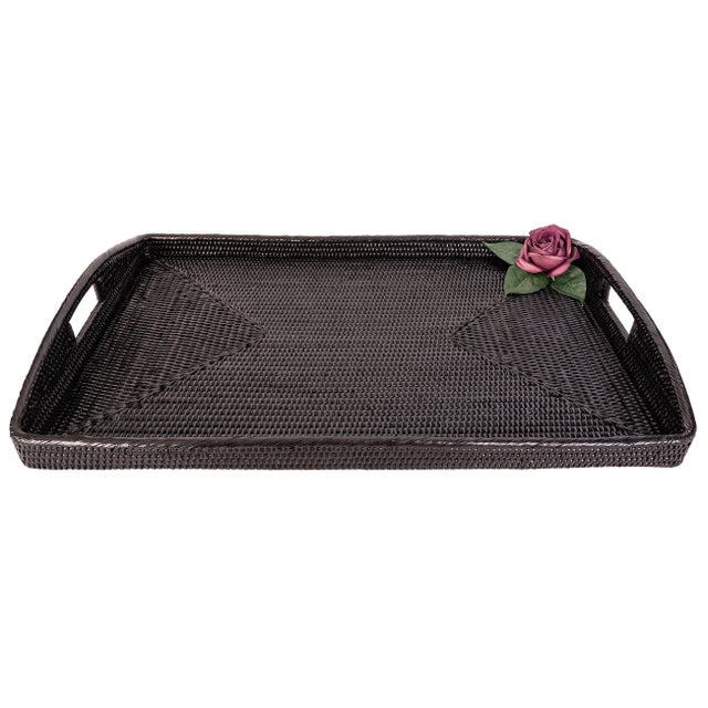 Boho Chic Artifacts Rattan Rectangular Ottoman Tray with High Handles For Sale - Image 3 of 3