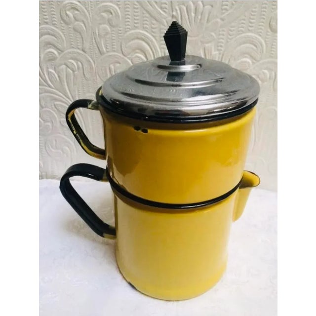 Art Deco Antique French Art Deco Bright Yellow Graniteware Coffee Pot Bakelite Handle For Sale - Image 3 of 8
