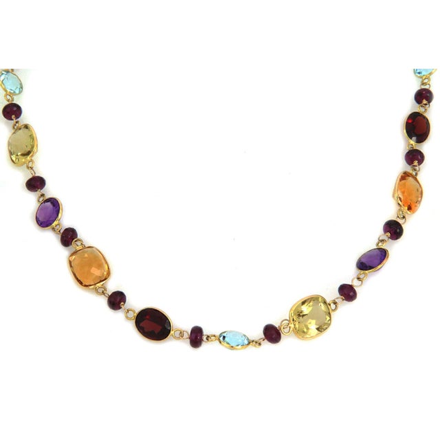 Contemporary Multicolor 10k Yellow Gold Assorted Shape Gemstone Chain Necklace For Sale - Image 3 of 4