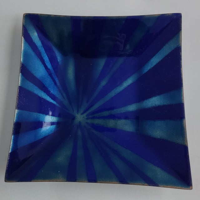 Mid-Century Modern Brilliant Blues -- 20th Century MCM Copper Enamel Geometric Dish / Catchall Signed "Stone" For Sale - Image 3 of 8
