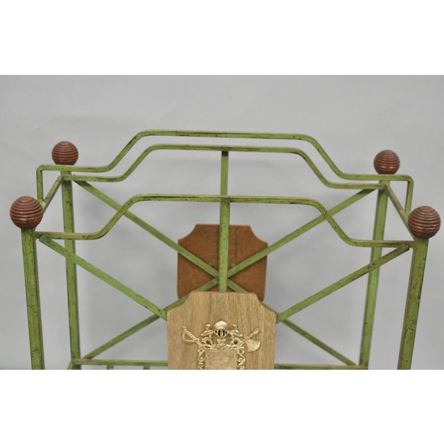 Mid 20th Century Vintage Italian Neoclassical Green Wrought Iron Book Magazine Rack W/ Shield For Sale - Image 5 of 15