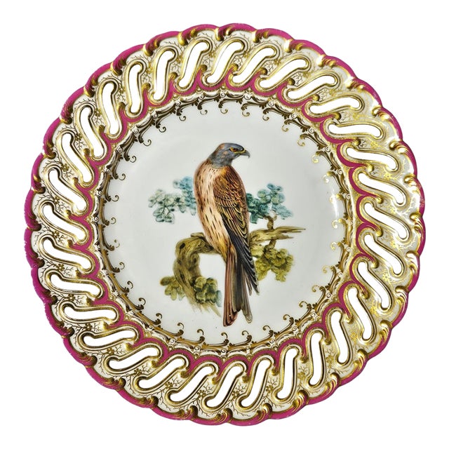 1849 Hand-Pierced Coalport Falcon Plate by John Randall in Pristine Maroon For Sale