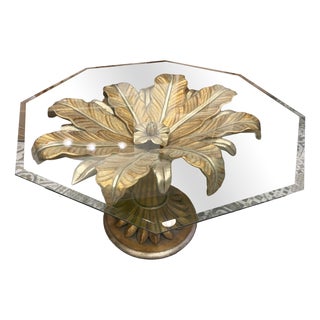 Lotus Flower Dining Table in Wood Carved with Gold Leaf and Octagonal Top in Ground Glass, 1970s For Sale