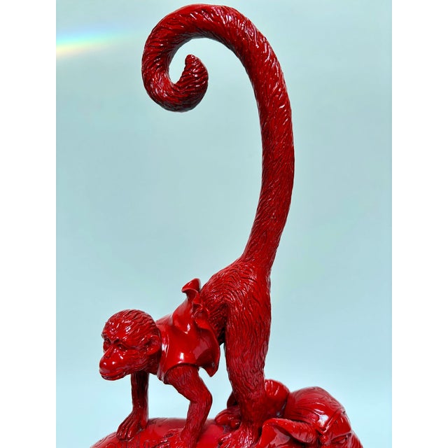 Hollywood Regency Chinoiserie Red Elephant & Monkey Sculpture, Glossy Resin, circa 1970s A bold and whimsical vintage...