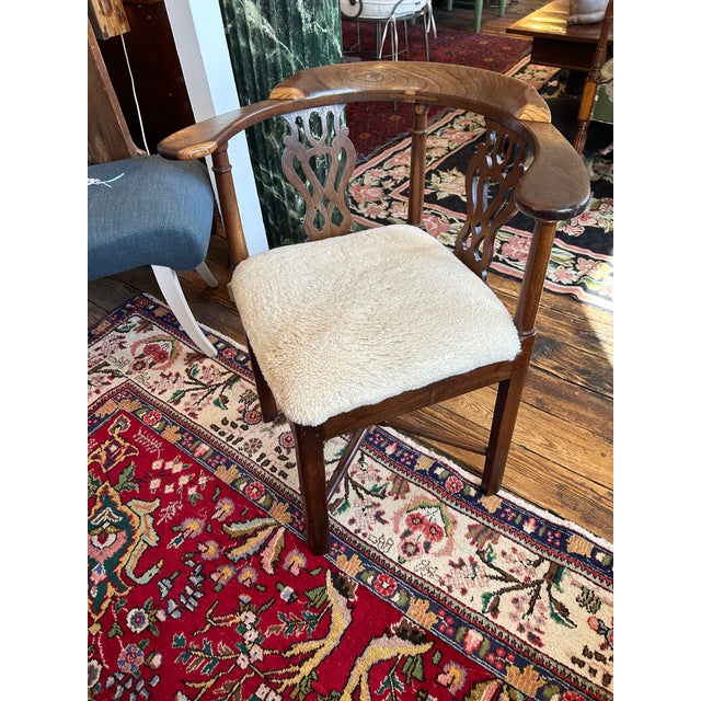 Antique Chippendale Style Walnut & Shearling Corner Desk Chair For Sale In Philadelphia - Image 6 of 12