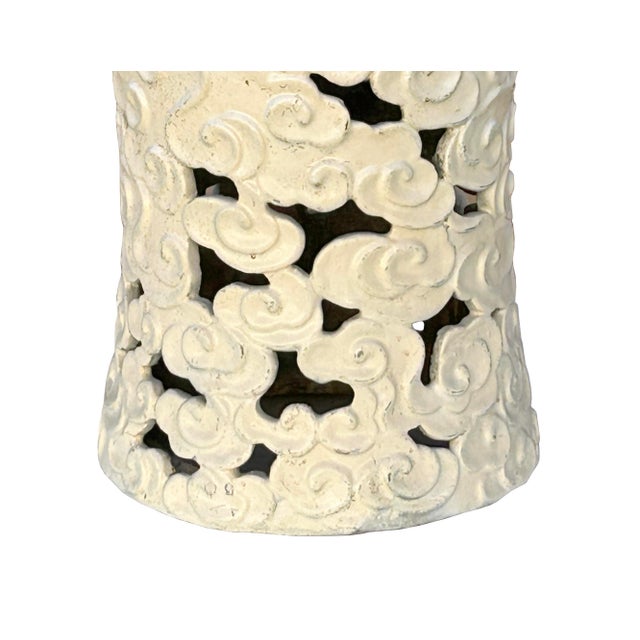 1980s Off White Cream Swirl Cloud Pattern Round Ceramic Stool Table For Sale - Image 4 of 12