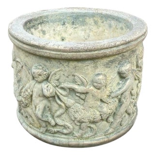 Late 20th Century Henri Studio Concrete Cement Small 11" Round Classical Cherub Garden Planter Pot For Sale