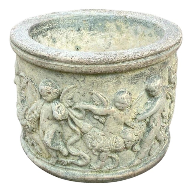 Late 20th Century Henri Studio Concrete Cement Small 11" Round Classical Cherub Garden Planter Pot For Sale
