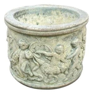 Late 20th Century Henri Studio Concrete Cement Small 11" Round Classical Cherub Garden Planter Pot