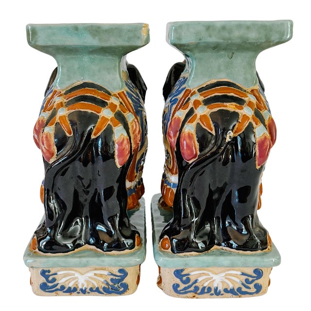 Vintage Chinoiserie Celadon & Black Ceramic Elephant Glazed Plant Stands / Bookends - A Pair For Sale - Image 11 of 13
