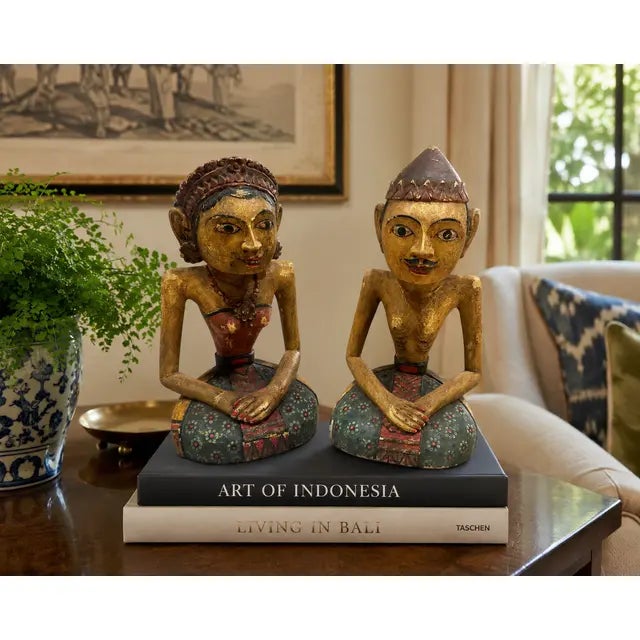 A striking pair of vintage Indonesian Loro Blonyo figures, hand carved from solid wood and beautifully decorated with...