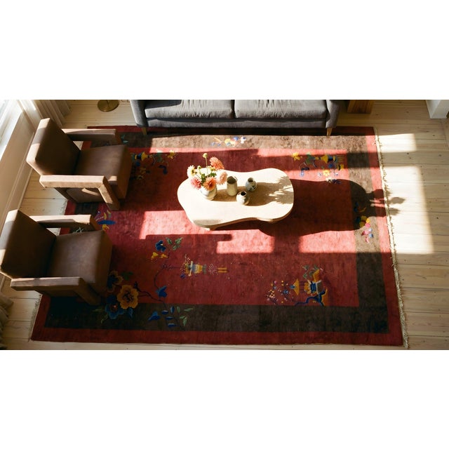 1920s Red Burgundy Floral Antique Chinese Art Deco Carpet 8' X 9'9" Knotted Wool Rug For Sale - Image 12 of 12