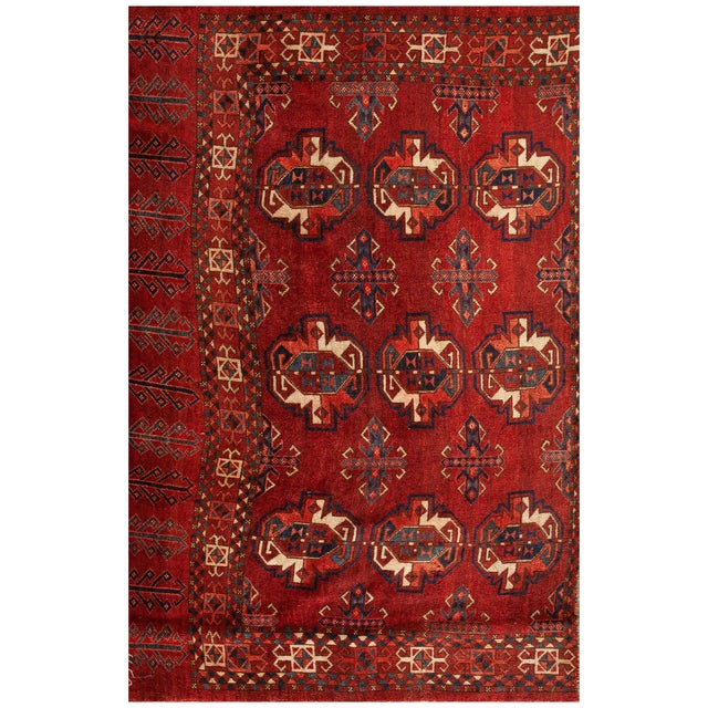 1880s Red Geometric Antique Turkman Ersari Beshir Rug 3'2" X 4'11" Handknotted Wool Carpet For Sale - Image 15 of 18