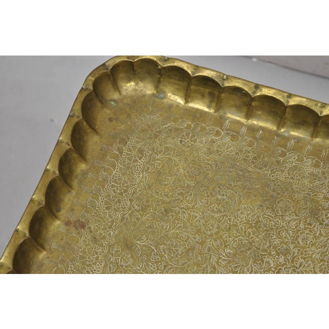 Vintage Moroccan Middle Eastern Solid Brass Rectangular Engraved Tray Top For Sale - Image 4 of 11
