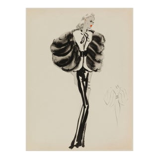 Vintage French Fashion Art Print – Black and White Fur Sleeve Illustration, 12" X 16" For Sale