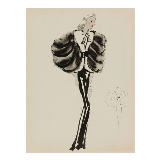 Vintage French Fashion Art Print – Black and White Fur Sleeve Illustration, 12" X 16" For Sale