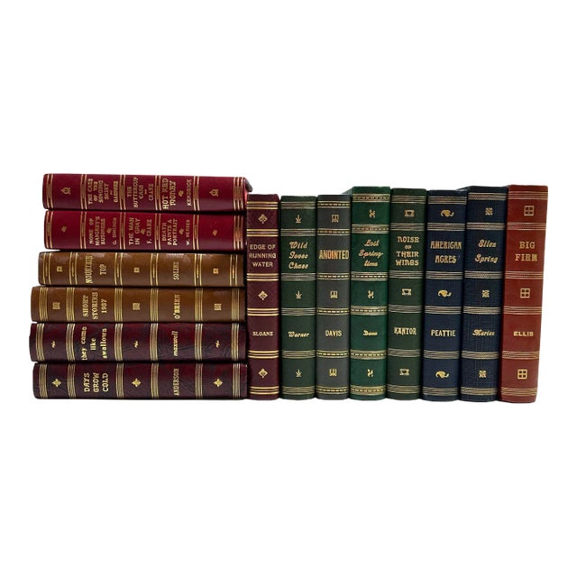 Antique Decorative Book Set – 14 Vintage Red, Blue, Green & Gilt Library Books for Shelf Styling For Sale