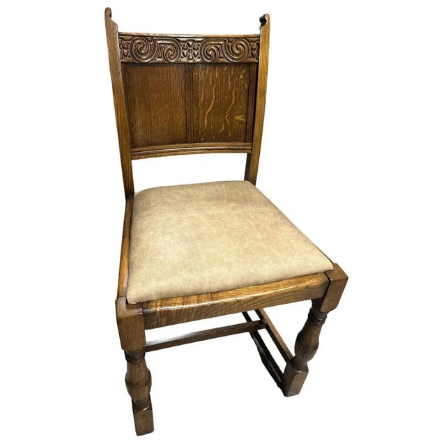 1900 - 1909 Antique English Edwardian Arts & Crafts Oak Dining Chairs With New Leather Seats - Set of 6 - Circa 1905 For Sale - Image 5 of 8