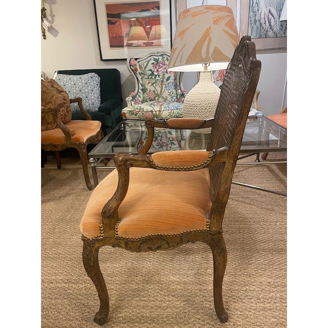 Brown Pair of Velvet Upholstered French Cane Back Armchairs For Sale - Image 8 of 10