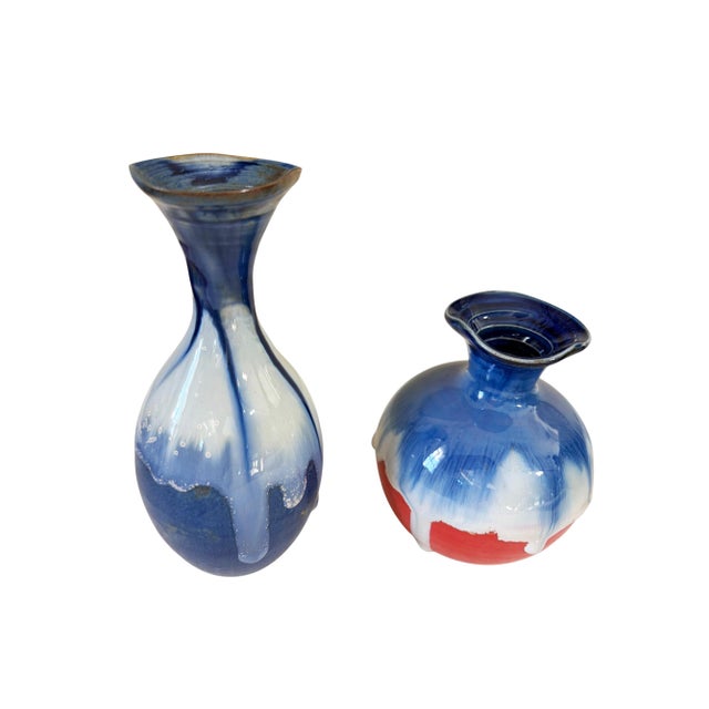 Chinoiserie Contemporary Shiwan Stoneware Pottery Set of Two Vases For Sale - Image 4 of 6
