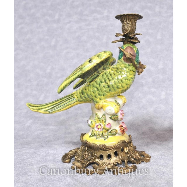 French Porcelain Parrot Candleholders, Set of 2 For Sale - Image 10 of 14
