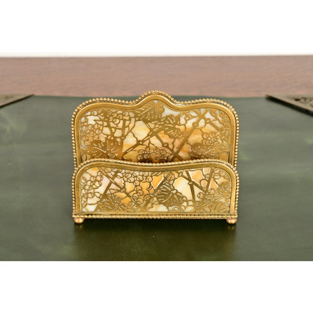 A gorgeous antique Arts & Crafts or Art Deco period gilt bronze and Favrile slag glass "Grapevine" pattern desk letter...
