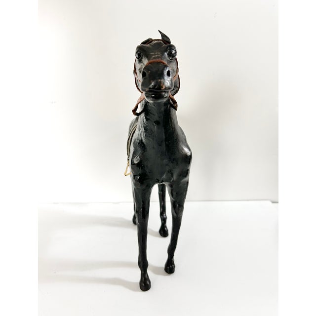 Vintage Black Equestrian Horse Sculpture With Leather Saddle & Bridle For Sale - Image 4 of 12