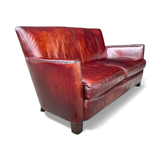 Art Deco Rich Burgundy Vintage Leather Sofa With Beautiful Patina & Timeless Form - By Crate and Barrell For Sale - Image 3 of 17