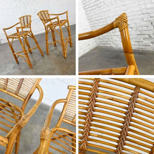 Vintage Organic Modern Pair of Rattan Bar Stools Style of Ficks Reed For Sale - Image 11 of 13