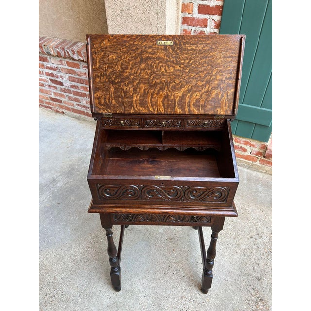 Antique English Slant Front Desk Display Stand Jacobean Carved Tiger Oak Lectern For Sale - Image 14 of 18