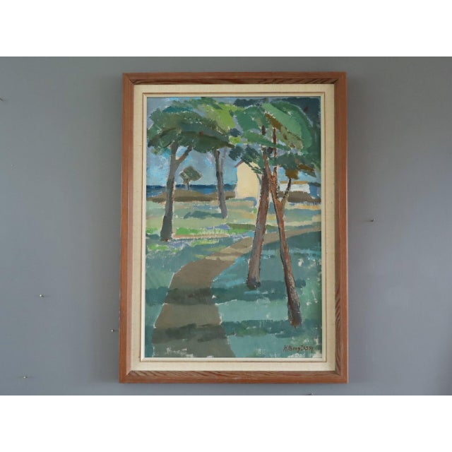 PATHWAY TO THE SEA Size: 23.2 x 16.9 inches (including frame) Oil on canvas A sunlit mid-century modernist landscape...