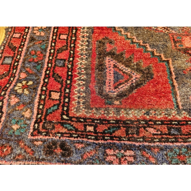 Textile Vintage Persian Hamadan Area Rug, Handwoven Geometric Medallion Pattern, Moss Green & Red, 4’ X 7’ For Sale - Image 7 of 14