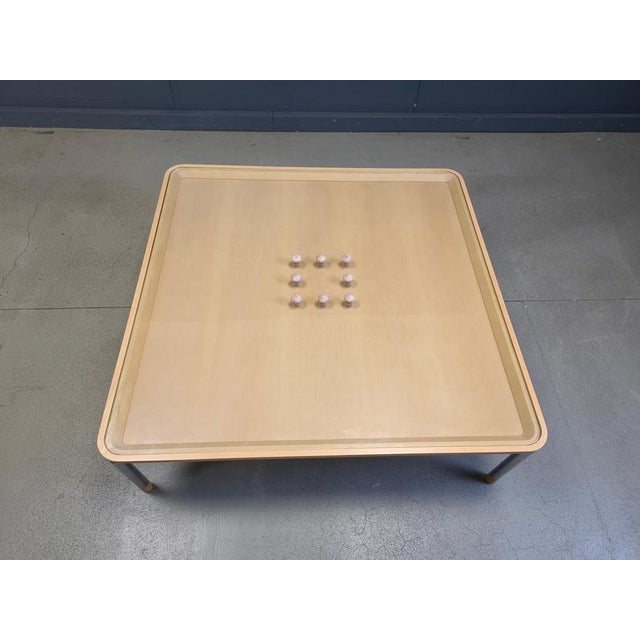 Rare coffee table with chromed legs, a wooden and glass top with inserted corks. Cool postmodern design. Very good...