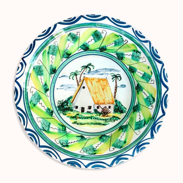 Green Large Vintage Hand Painted Italian Ceramic Bowl For Sale - Image 8 of 9
