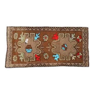 Distressed Low Pile Turkish Small Petite Rug Hand Knotted Organic Wool Mat - 17'' X 34'' For Sale