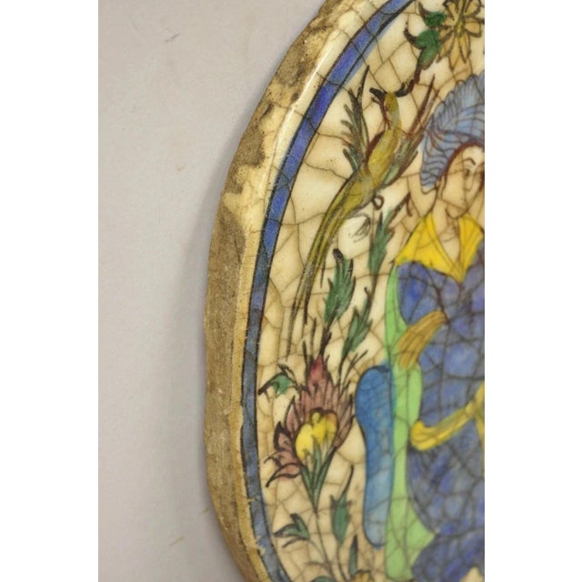 Antique Persian Iznik Qajar Style Ceramic Pottery Oval Tile Figure With Bird C3 For Sale In Philadelphia - Image 6 of 9
