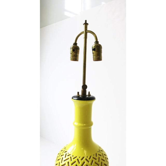 Yellow Bright Yellow Ceramic Chevron Chinoiserie Table or Desk Lamp With Silk Shade For Sale - Image 8 of 13