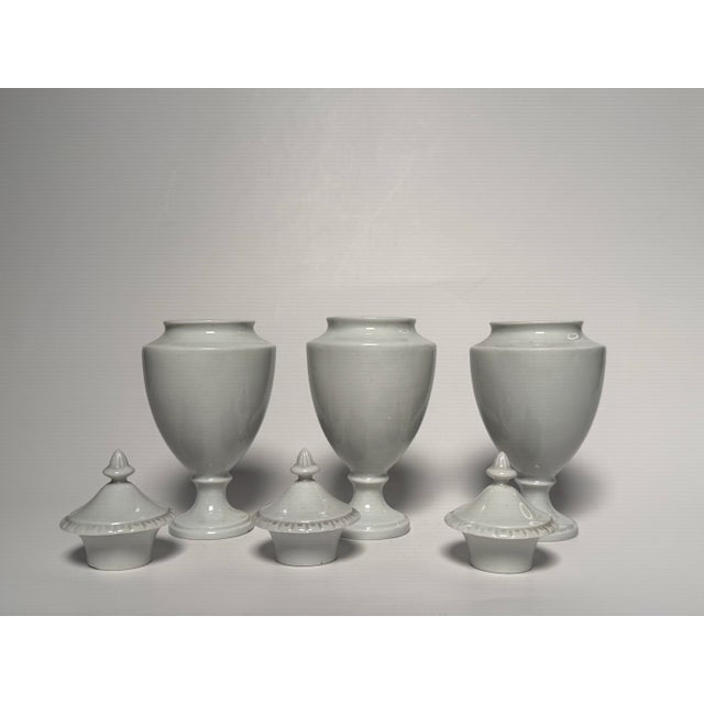White Neoclassical Small White Porcelain Lidded Urns, Set of 3 For Sale - Image 8 of 12