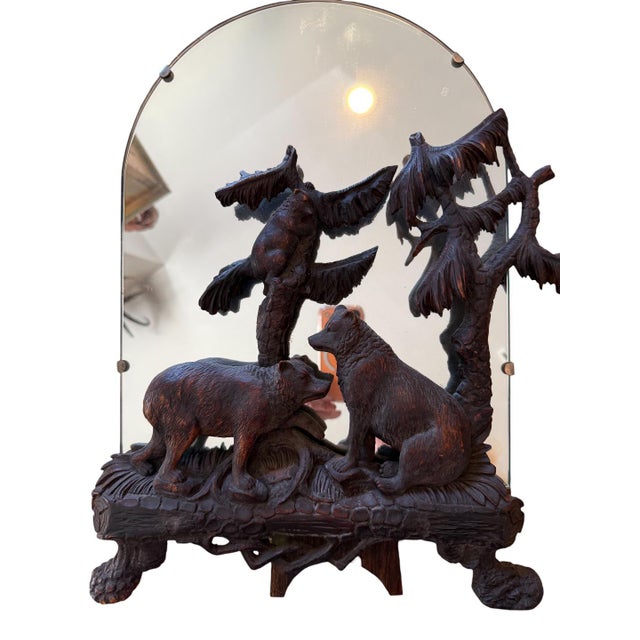 Black Forest Mirror with Swiss carving of 3 bears. Mirror can stand on table or hang on wall. I added a hook as the...